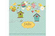 Easter Clip art, birds, retro eggs
