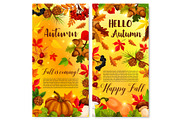 Autumn vector poster of fall foliage and pumpkin