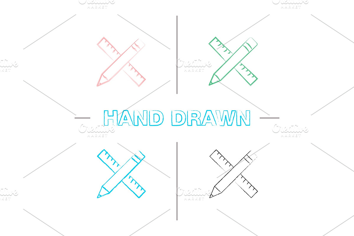 Ruler and pencil hand drawn icons set in Graphics - product preview 8