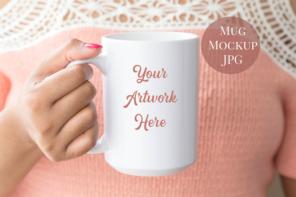 Woman holding 15oz Mug Mockup in Product Mockups - product preview 8
