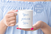 Woman holding mug mockup - blue