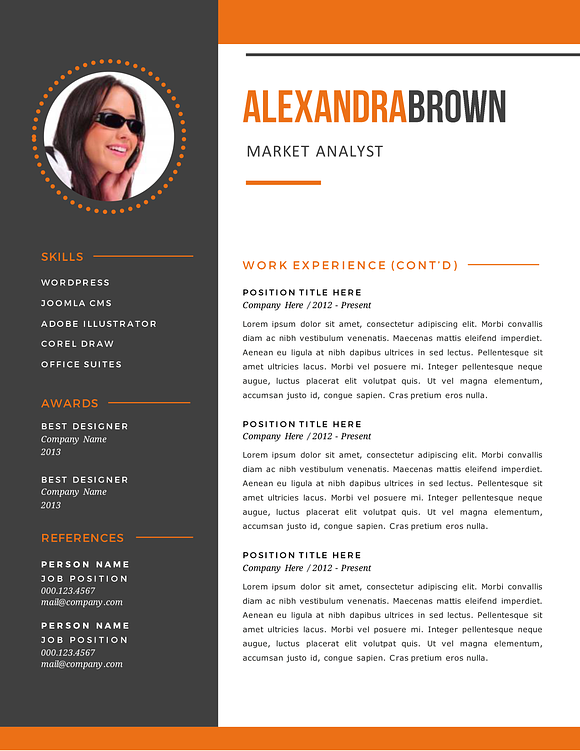 Orange 2 in 1 photo resume in Resume Templates - product preview 2