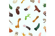 Animal paw vector animalistic pets claw or hand of cat or dog and bears or monkey paws illustration mammals pawky hello set seamless pattern background