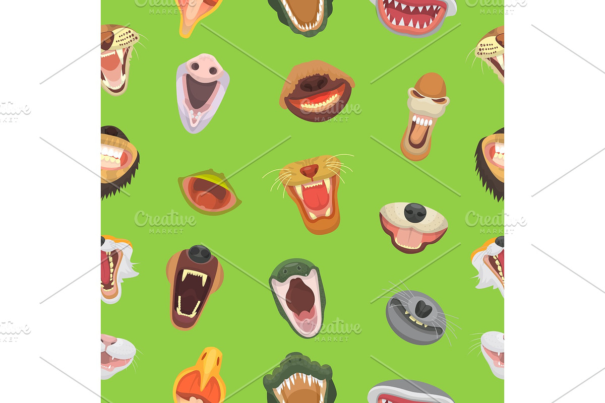 Animals mouth vector open jaw with teeth or fangs of roaring animals angry lion or cat and laughing bear with aggressive shark illustration set of animalistic beast seamless pattern background in Illustrations - product preview 8