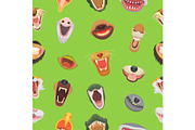 Animals mouth vector open jaw with teeth or fangs of roaring animals angry lion or cat and laughing bear with aggressive shark illustration set of animalistic beast seamless pattern background
