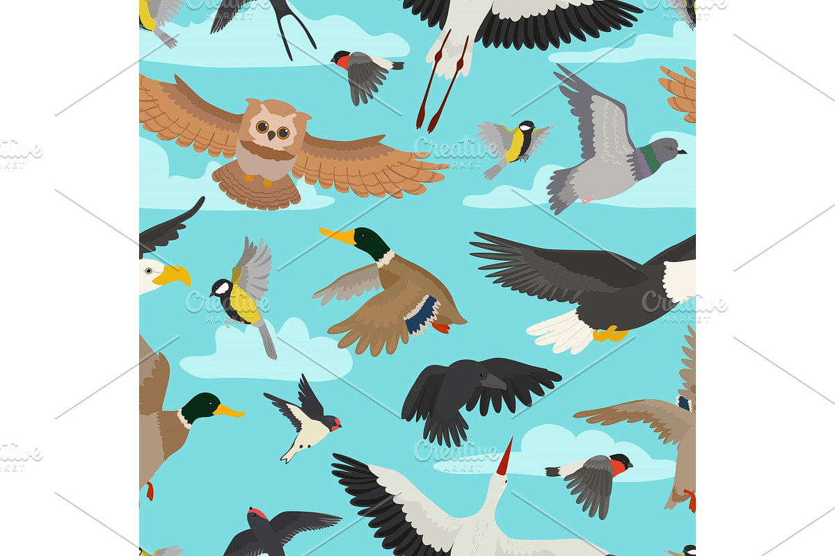 Bird vector cartoon flying birdie owl dove and duck with feather wings illustration set bullfinch stork or swallow for birdfancier seamless pattern background in Illustrations - product preview 8