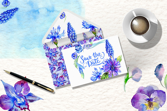 Blue gerbera PNG watercolor set in Illustrations - product preview 4