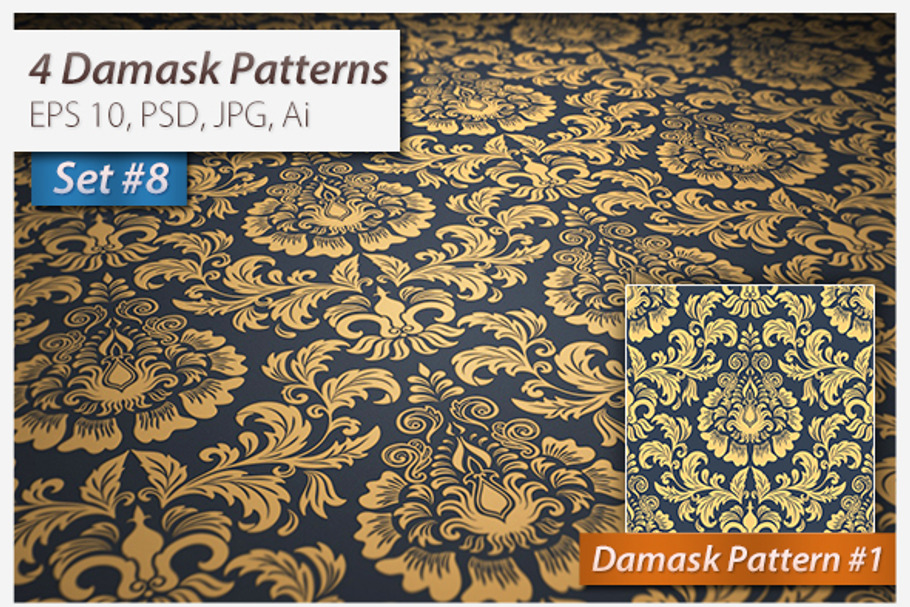 4 Seamless Damask Patterns Set#8 in Patterns - product preview 8