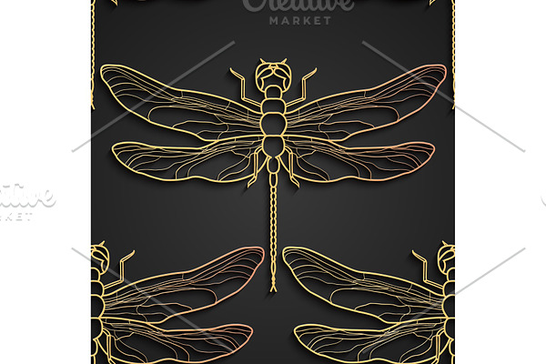 Dragonfly pattern, black gold pattern design. Vector illustration. Seamless pattern with dragonfly isolated.