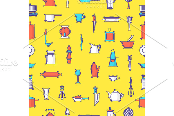 Kitchenware vector seamless pattern cookware for cooking and kitchen utensils or cutlery for kitchener backdrop illustration tableware in kitchenette wallpaper seamless pattern background
