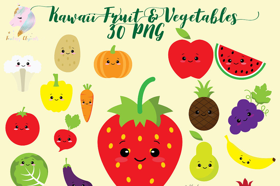 Kawaii Fruit & Vegetables Clipart in Illustrations - product preview 8