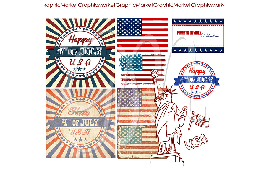 4th of July Clip Art Set. USA flags