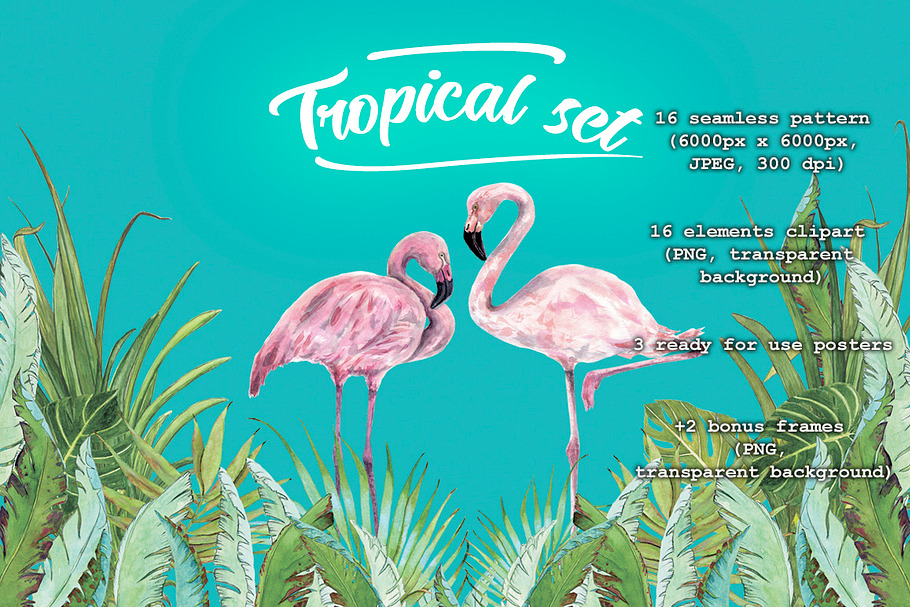 Tropical set with pink flamingos