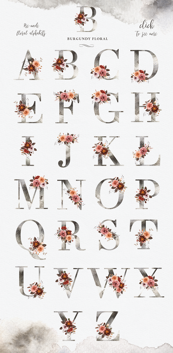 Burgundy Floral Watercolor Clipart in Illustrations - product preview 1