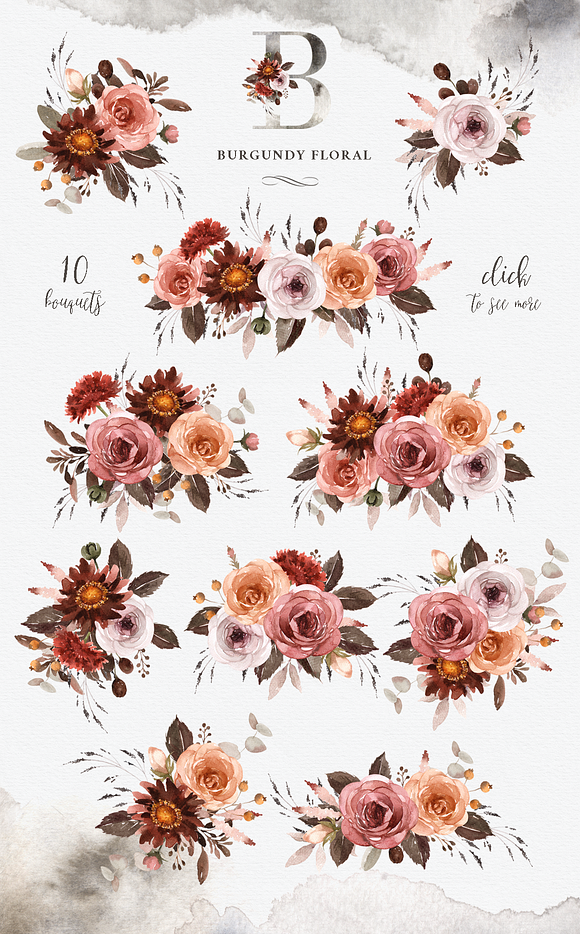 Burgundy Floral Watercolor Clipart in Illustrations - product preview 2
