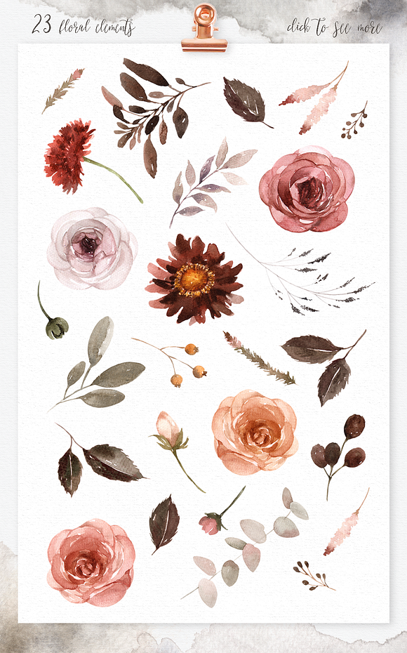 Burgundy Floral Watercolor Clipart in Illustrations - product preview 4