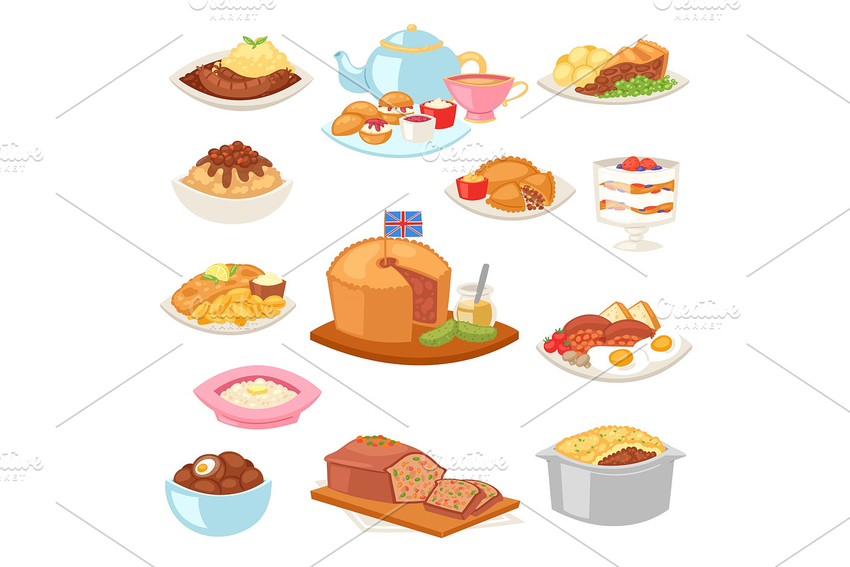 British food vector english breakfast meal and fried meat with potato for dinner or lunch illustration set of traditional dishes in restaurant in Britain isolated on white background in Illustrations - product preview 8