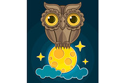 cartoon cute owl sitting on a moon