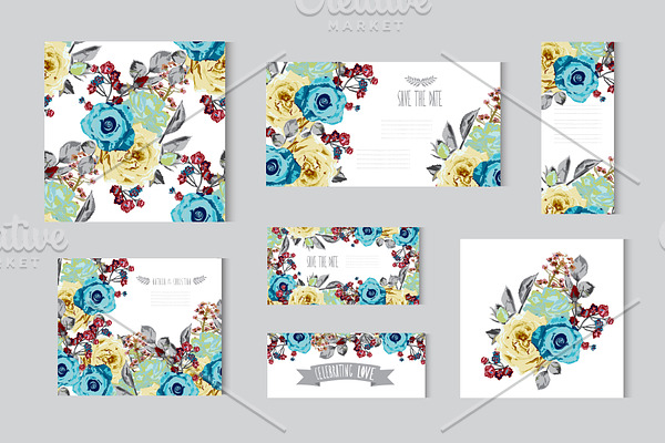 Blue Yellow Roses Floral Cards