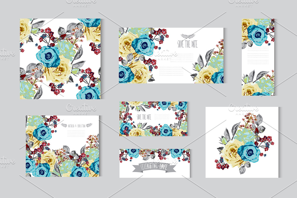 Blue Yellow Roses Floral Cards in Postcard Templates - product preview 8