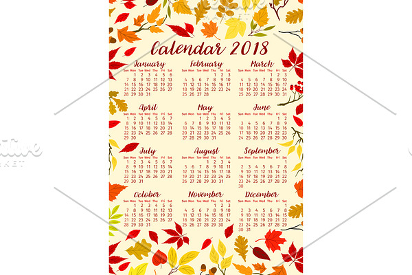 Autumn foliage of fall leaf vector calendar 2018