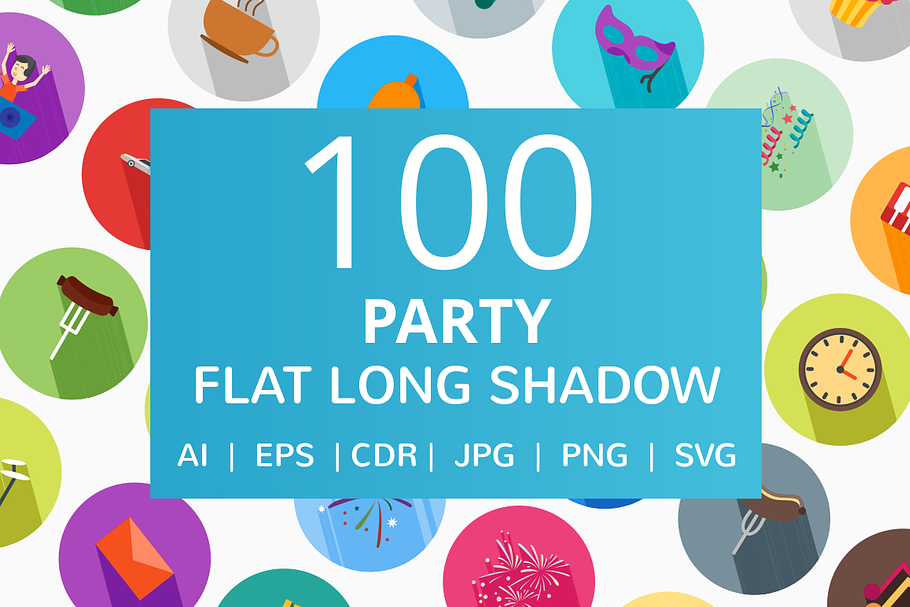 100 Party Flat Long Shadow Icons