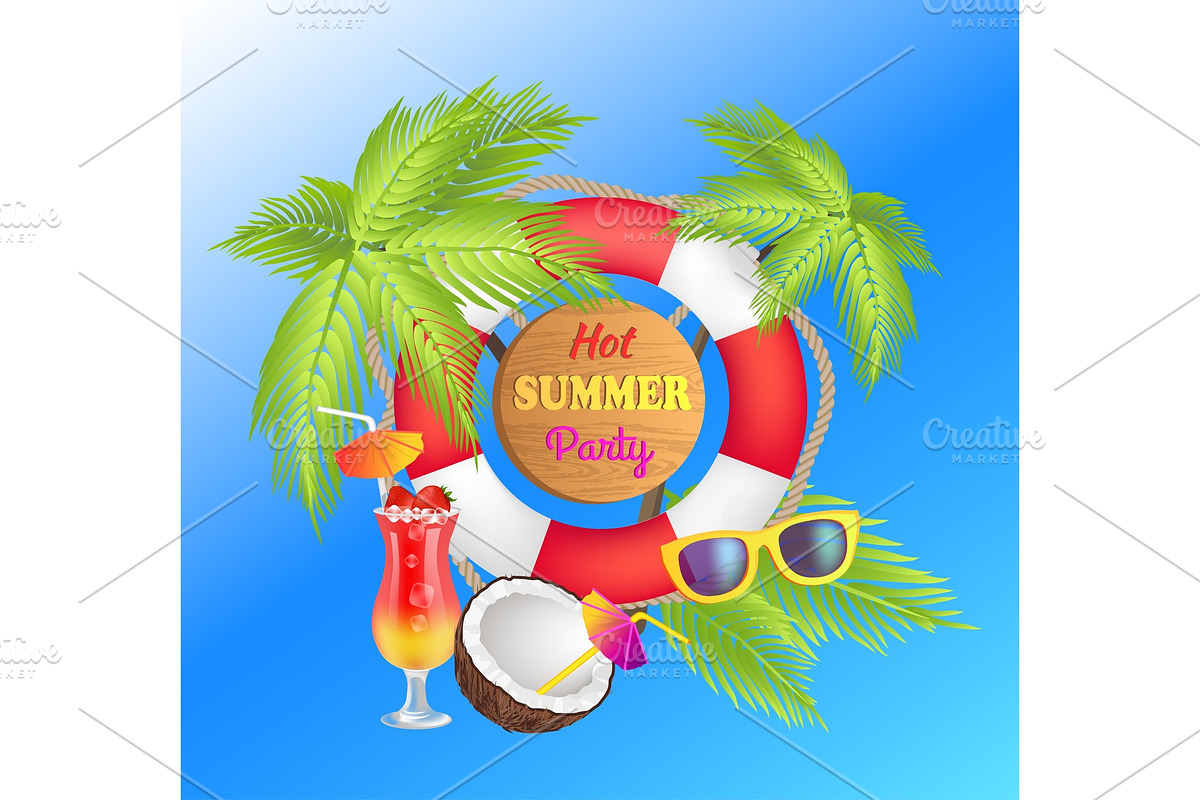 Hot Summer Party Promotional Poster with Lifebuoy in Objects - product preview 8