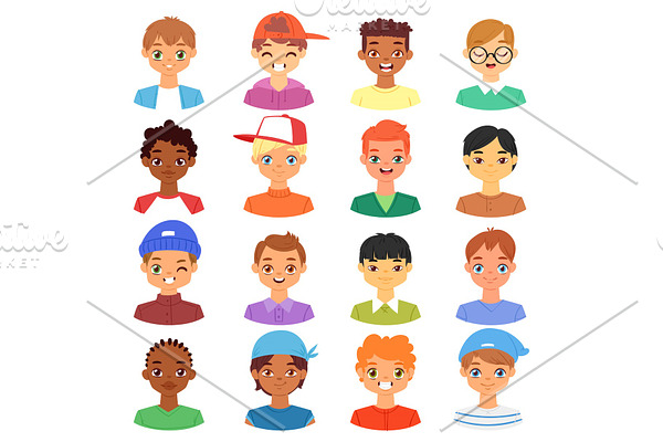 Boy portrait vector male kids character face of guy with hairstyle and cartoon manlike person with various skin tone illustration set of man-child facial features isolated on white background