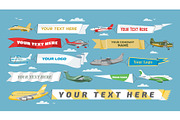 Plane banner vector airplane or aircraft with blank message advertisement and text template ad in illustration set of aeroplane or airliner advertising in sky isolated on background