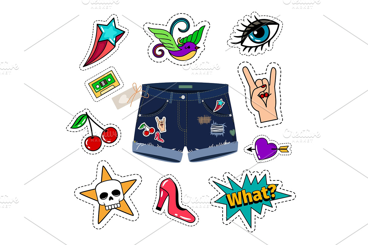 Chic denim shorts with patch set in Illustrations - product preview 8