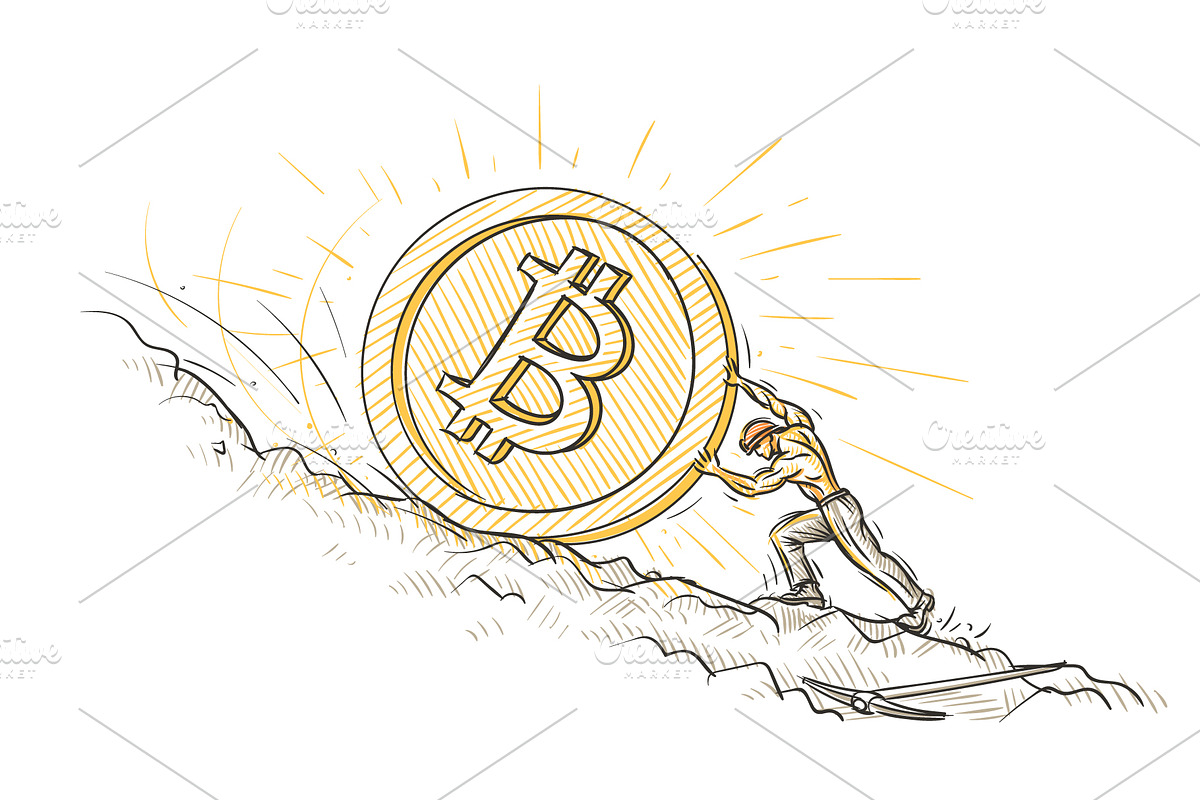 Miner pushing bitcoin upward. in Illustrations - product preview 8