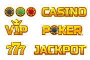 Vector set golden logo JACKPOT, POKER, 777, CASINO and VIP. Gold play chips