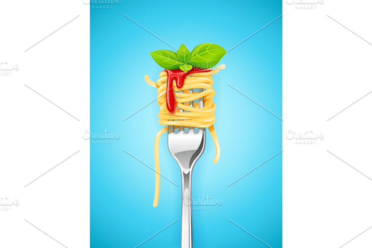 Spaghetti at fork with basil and sauce. in Illustrations - product preview 8