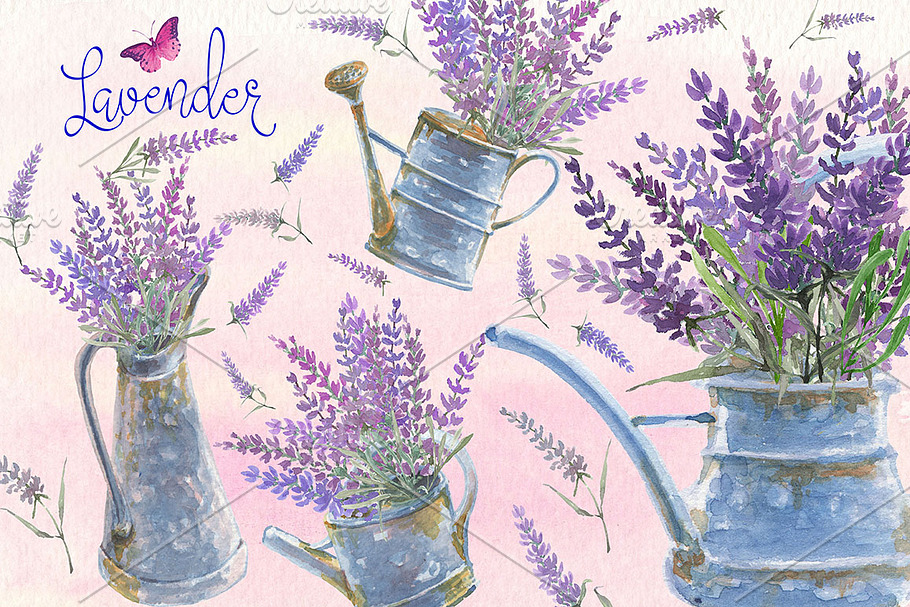 Lavender watercolor clip art set