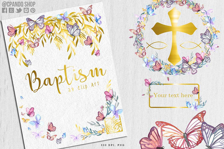 Baptism watercolor butterflies clip  in Illustrations - product preview 8