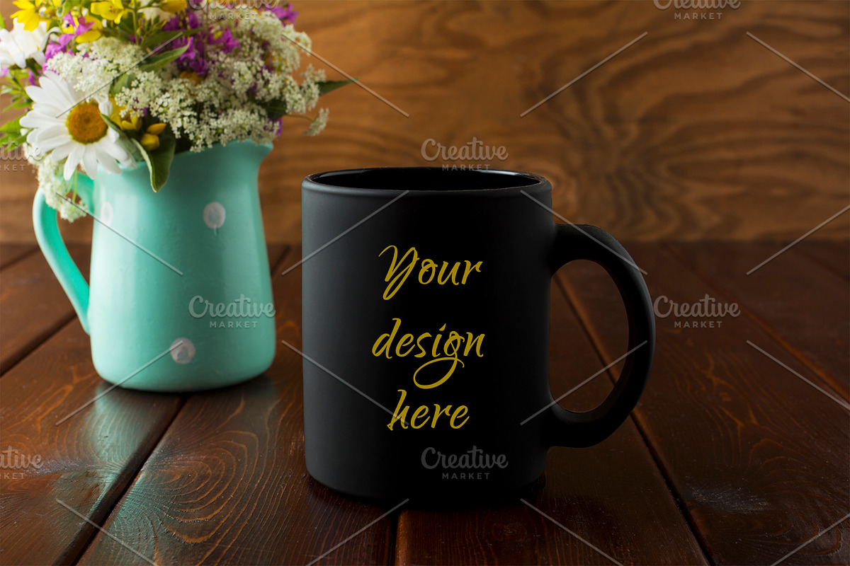 Black coffee mug rustic mockup with  in Product Mockups - product preview 8