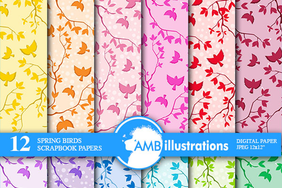 Spring Birds Digital Papers AMB-848 in Illustrations - product preview 8