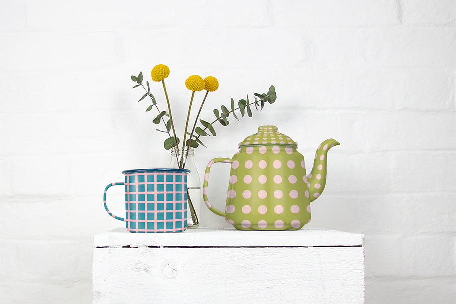 Enamel teapot and mug mockup