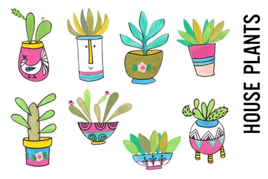House Plants Bright Watercolor