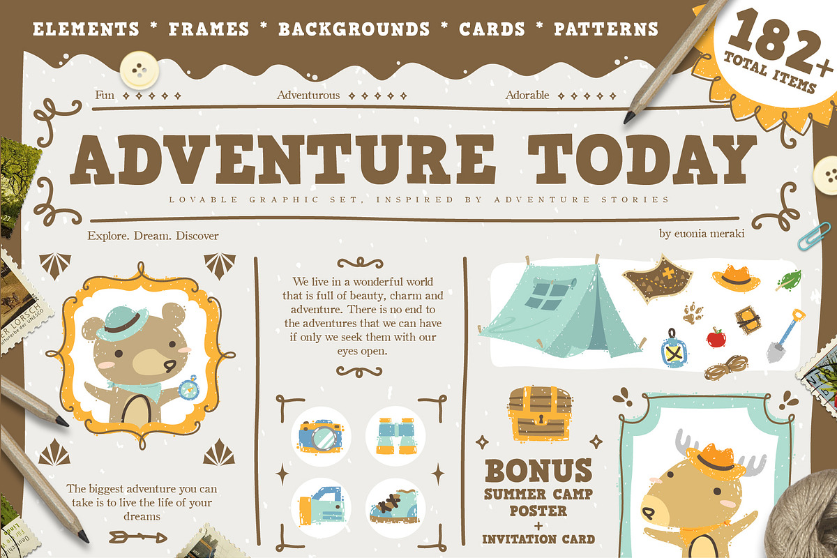 Adventure Today + kids summer poster in Illustrations - product preview 8
