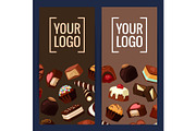 Vector vertical card or flyer illustration with cartoon chocolate candies