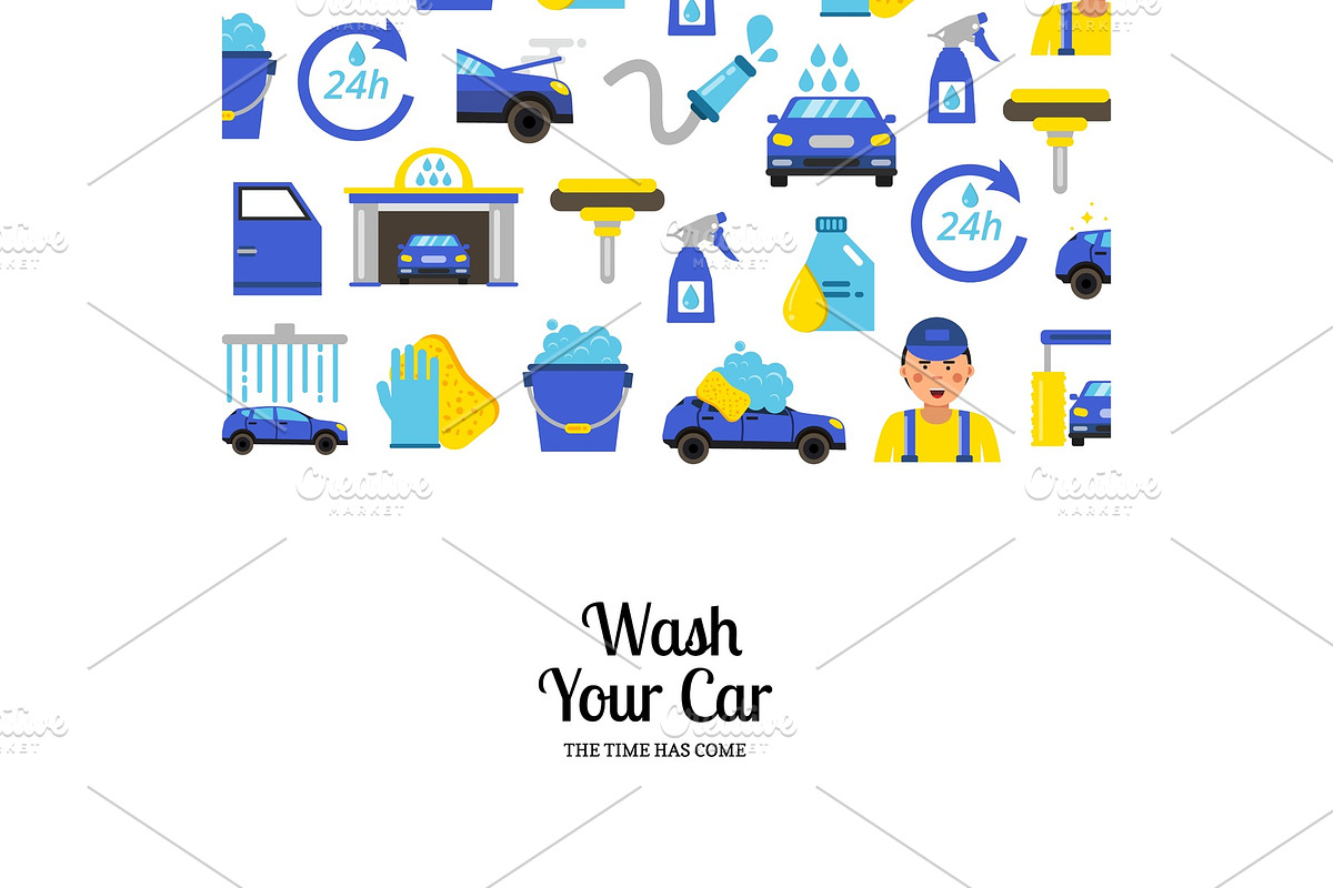 Vector background with car wash flat icons in Graphics - product preview 8