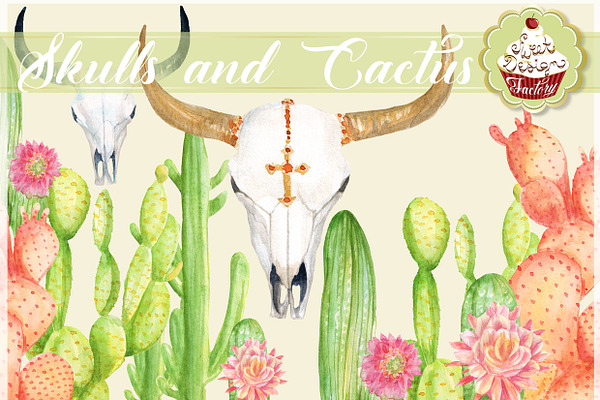 Watercolor cactus and skull clipart