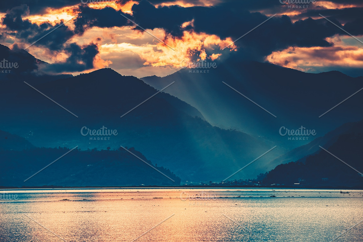 The sunset over the Phewa Lake. Pokhara. Nepal. in Graphics - product preview 8