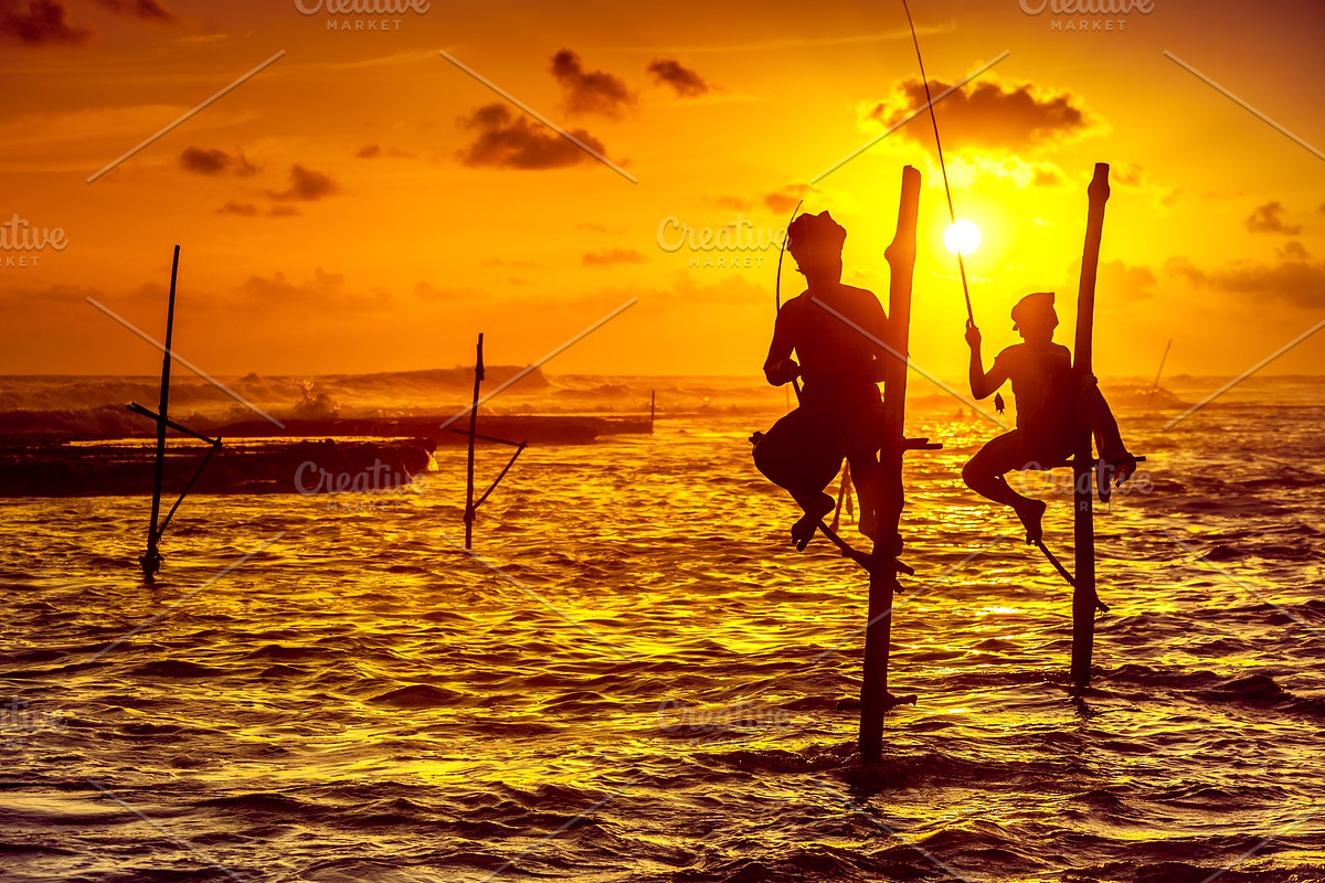 The stilt fishermen on the sunset background. in Graphics - product preview 8