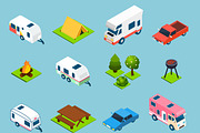 Camping and travel isometric icons