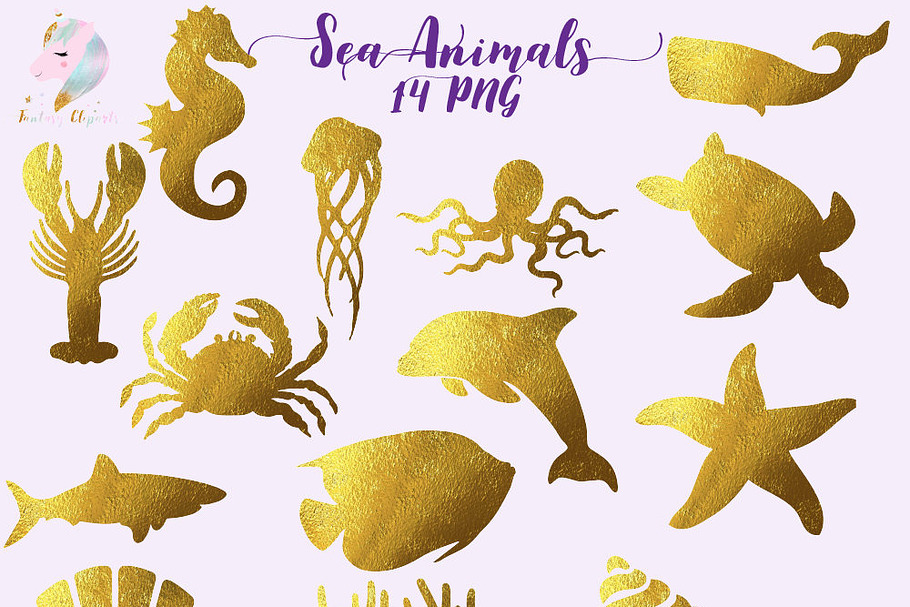 Gold Foil Sea Animals Clipart