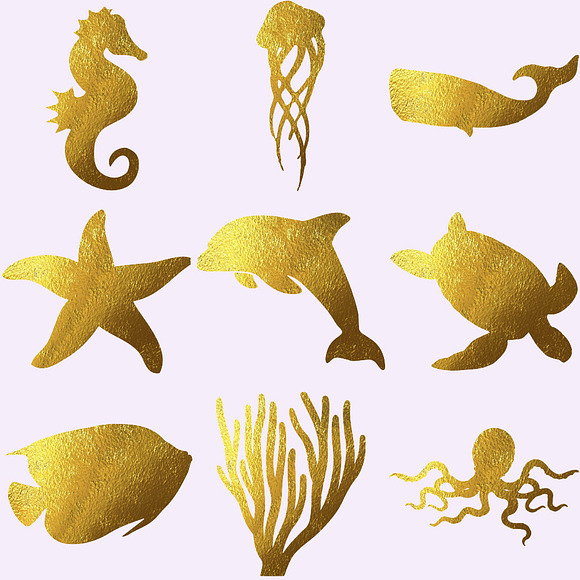Gold Foil Sea Animals Clipart in Illustrations - product preview 1