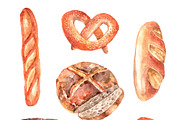 Fresh bread watercolor icons set 