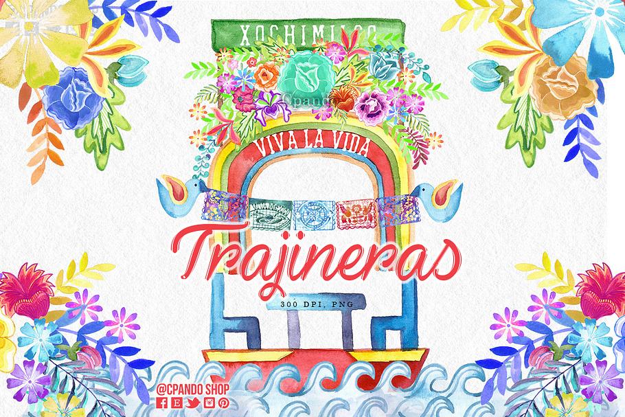Trajinera Xochimilco mexican clipart in Illustrations - product preview 8